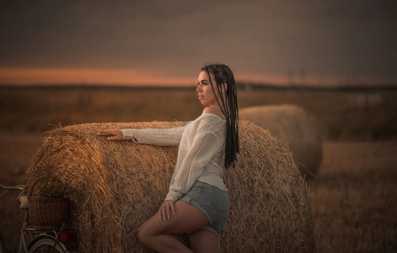 Photo wallpaper girl, shorts, beautiful, model, sweet, brunette, long-haired, pigtails
