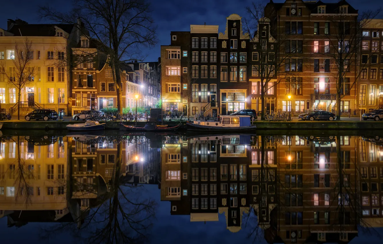 Photo wallpaper night, the city, lights, the evening, Amsterdam, channel, Netherlands