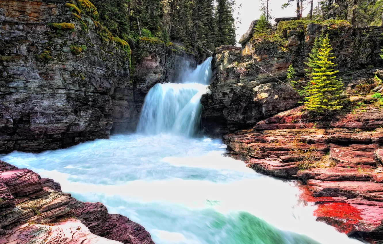 Photo wallpaper trees, mountains, rocks, waterfall, stream