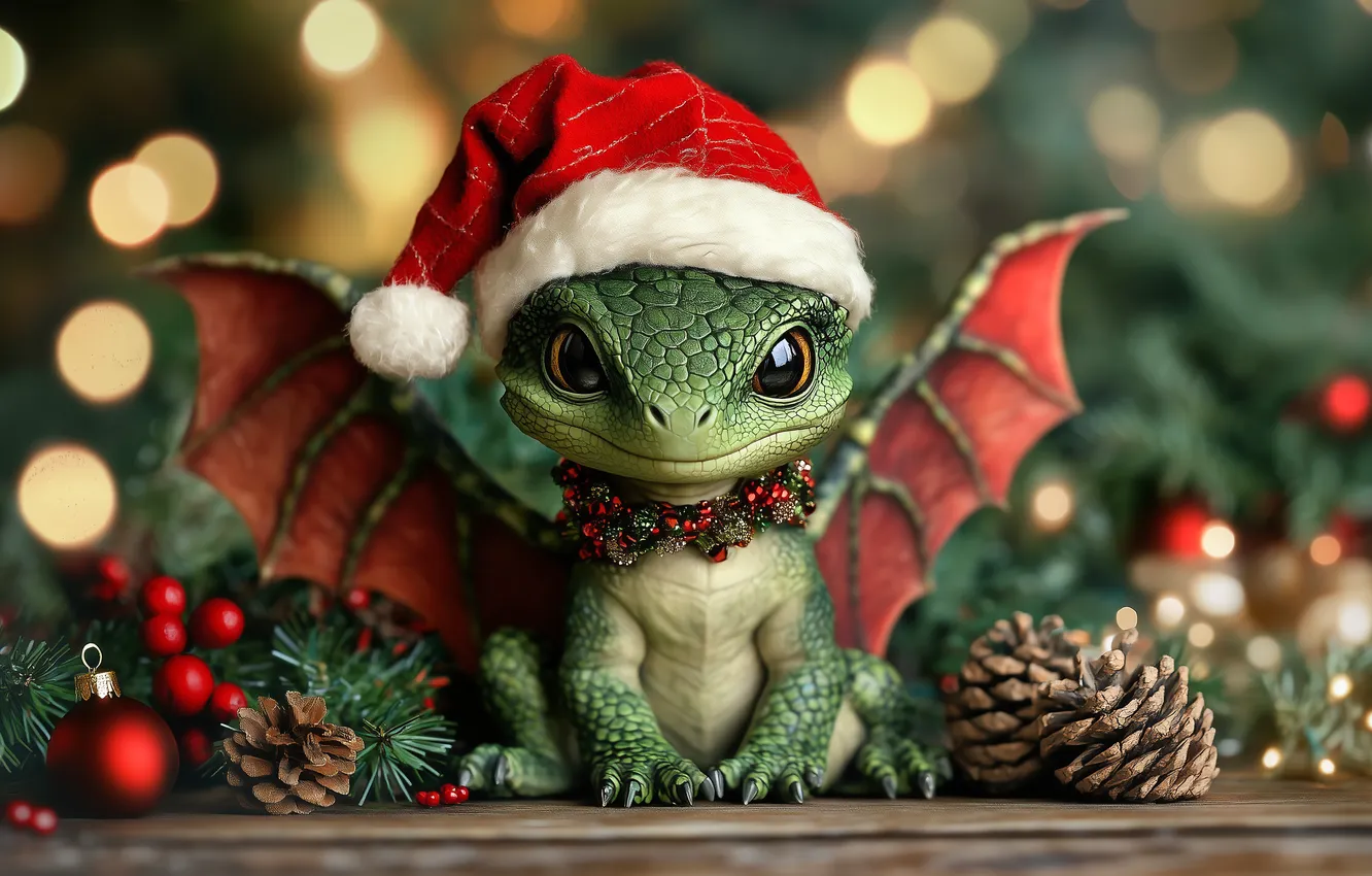 Photo wallpaper new year, snake, Christmas, dragon, the Santa hat, AI art, neural network