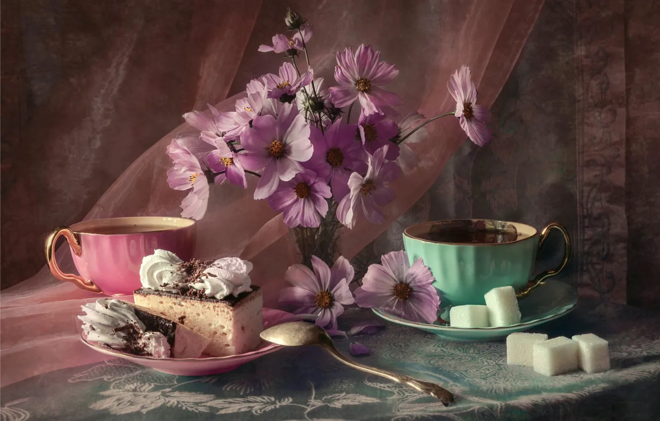 Photo wallpaper tea, cake, sugar, kosmeya