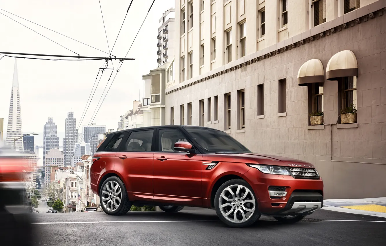 Photo wallpaper red, SUV, Land Rover, Range Rover, the city.