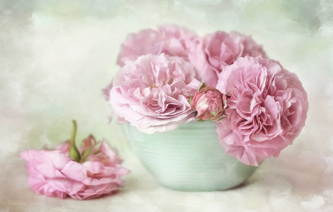 Photo wallpaper flowers, bouquet, bowl, art, pot, pink, still life, painting