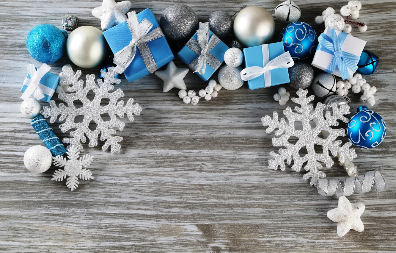 Photo wallpaper winter, snowflakes, background, toys, New Year, blue, Christmas, white