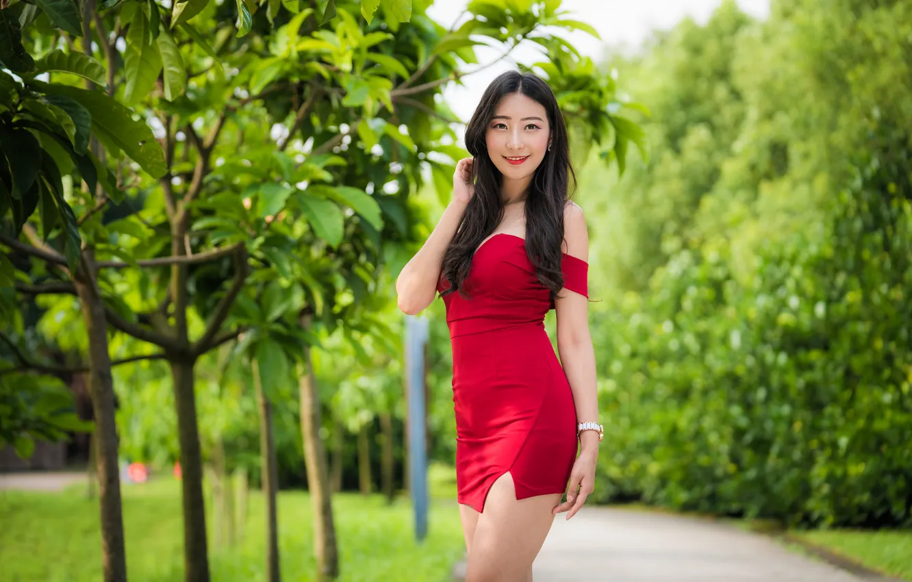 Photo wallpaper trees, smile, Park, track, Asian, red dress, trees, smile