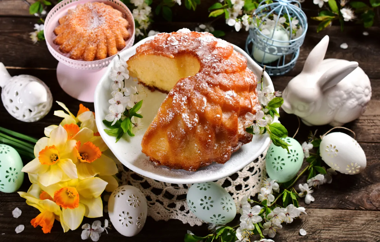 Photo wallpaper eggs, Easter, Bunny, cake, daffodils