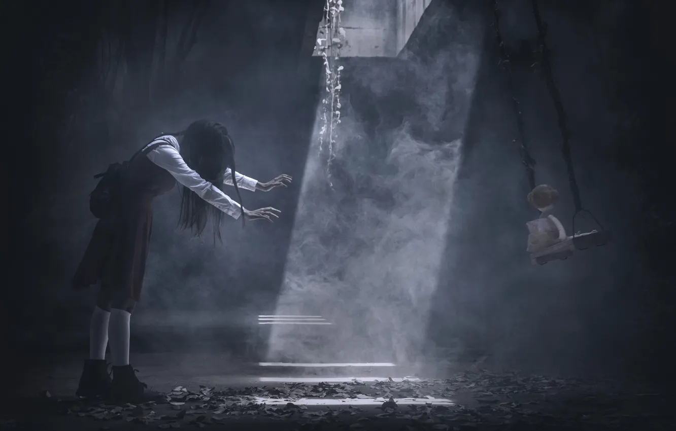 Photo wallpaper swing, doll, girl, horror, play with me, Play with me