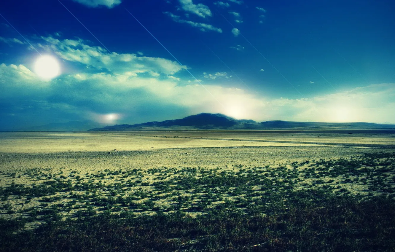 Photo wallpaper the sky, grass, the sun, clouds, trees, landscape, mountains, nature