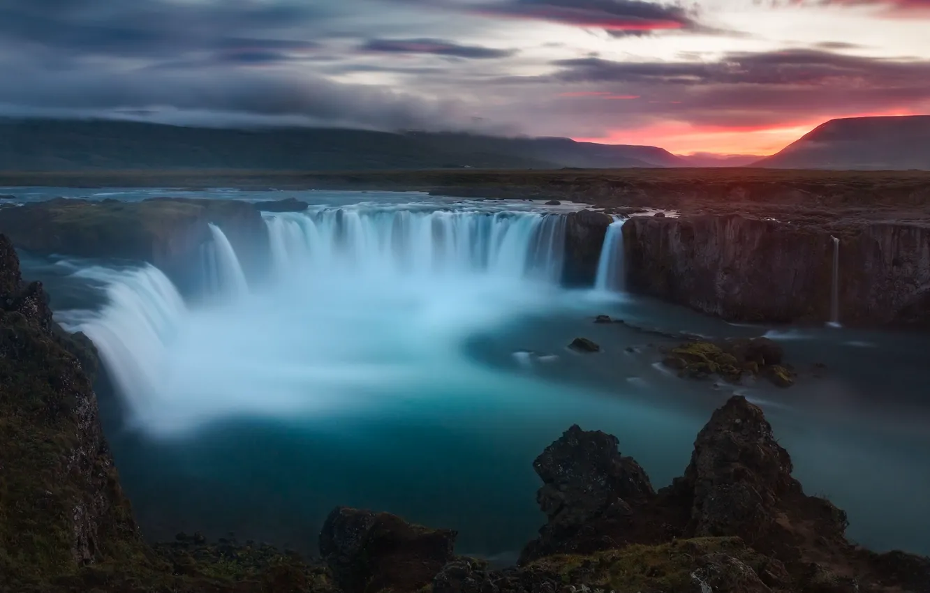 Photo wallpaper the sky, clouds, sunset, Iceland, Iceland, Skjaulvandaflout River, Skiaulfandaflout River, Godafoss Waterfall