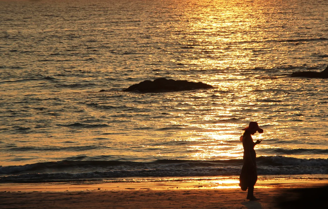 Photo wallpaper sea, beach, girl, the evening, silhouette