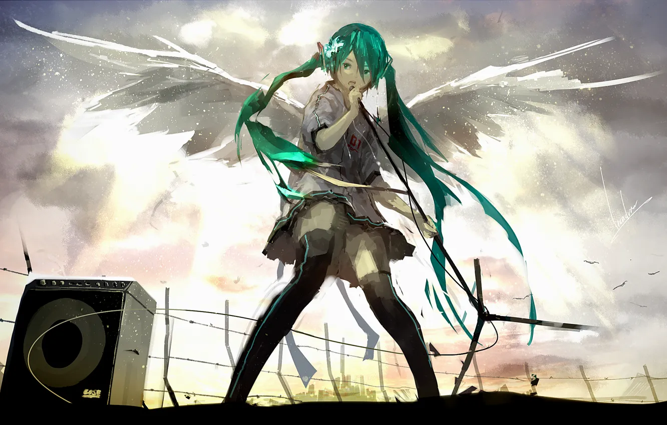 Photo wallpaper girl, wings, microphone, vocaloid, hatsune miku