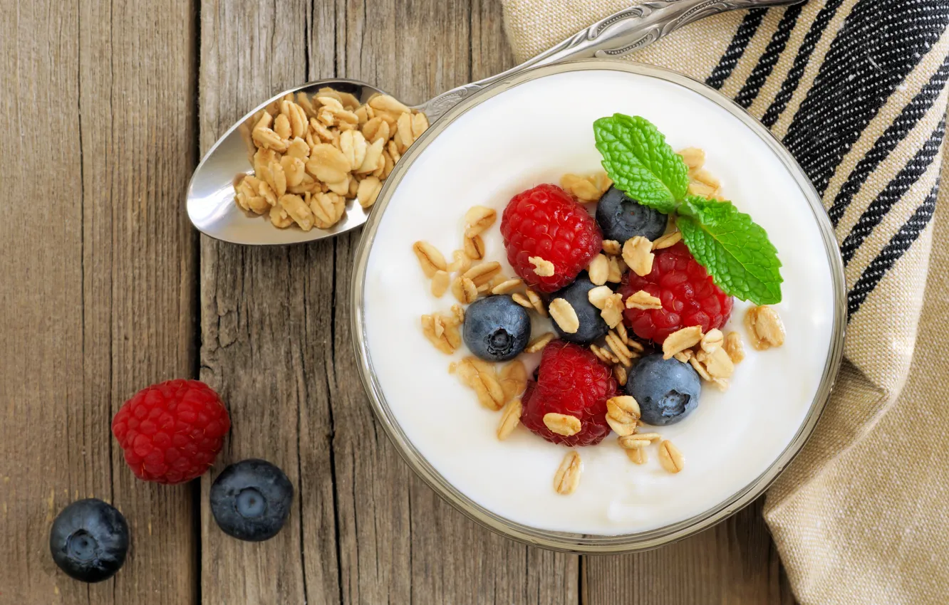 Photo wallpaper berries, Breakfast, yogurt, granola, oatmeal