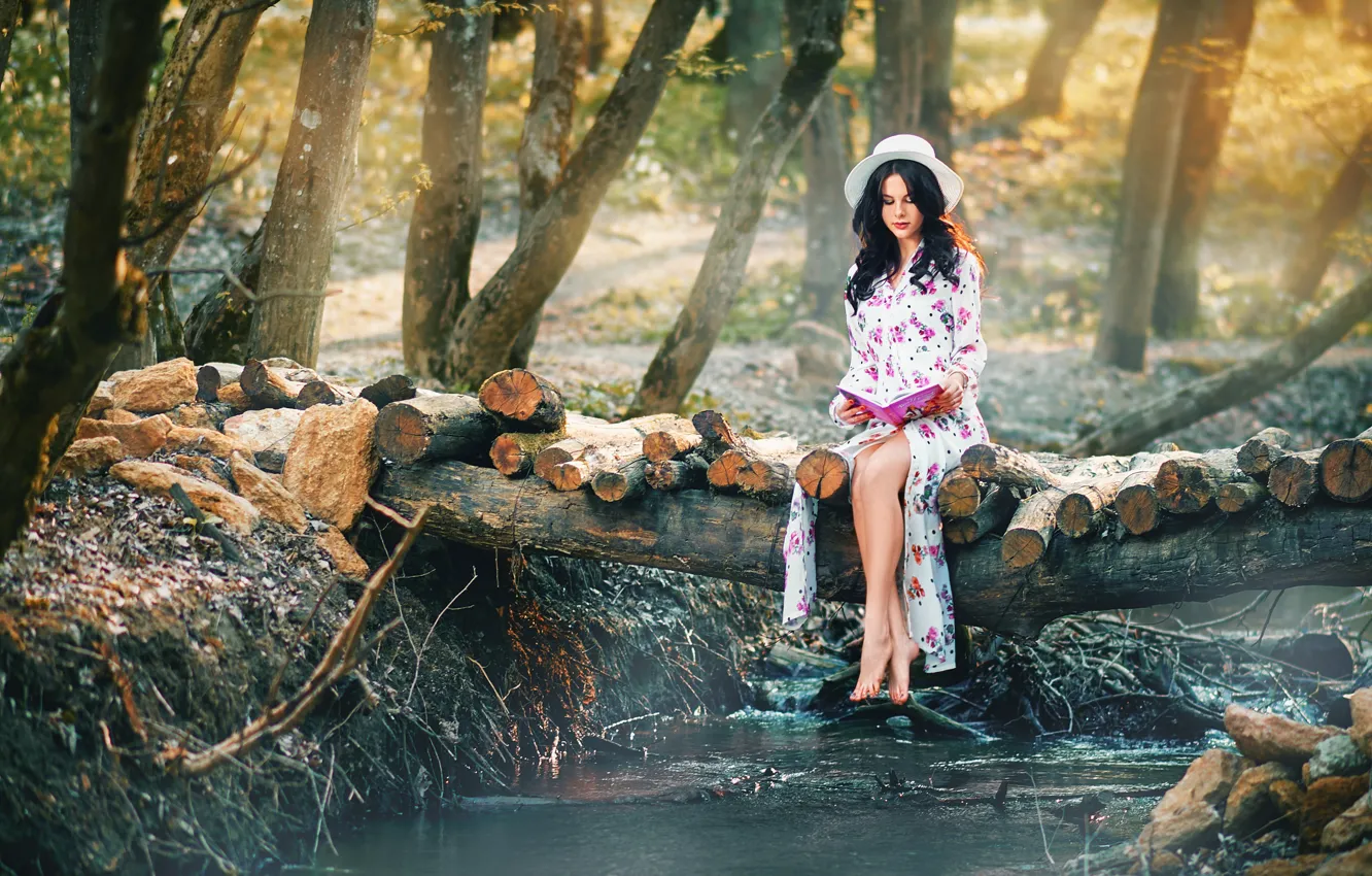 Photo wallpaper girl, dress, hat, reads, Alexander Belozerov