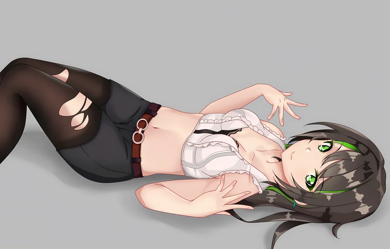 Photo wallpaper girl, sexy, cleavage, shorts, blouse, green eyes, long hair, brown hair