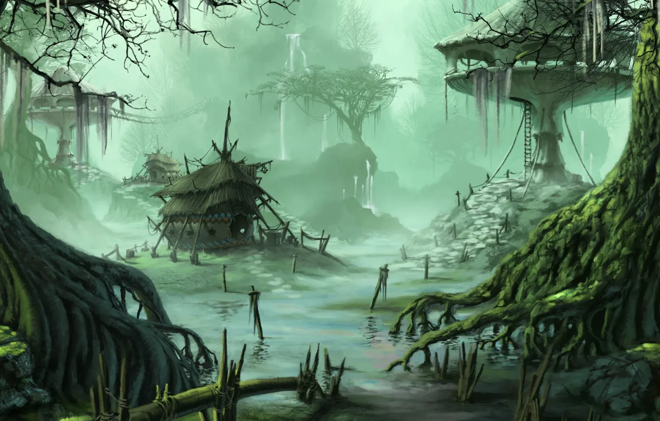Photo wallpaper water, trees, swamp, home, art, buildings