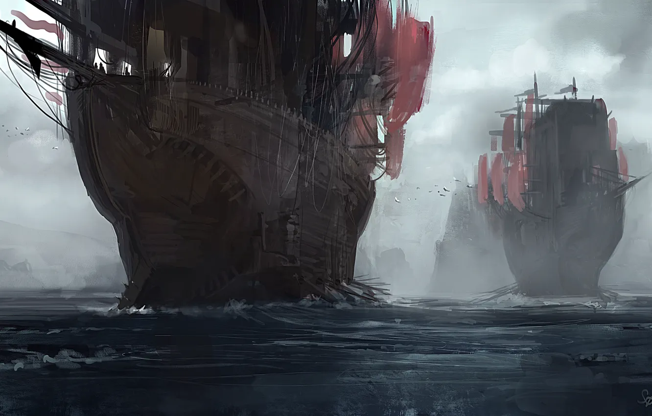 Photo wallpaper sea, the sky, the ocean, bird, ship, art, sail, mast