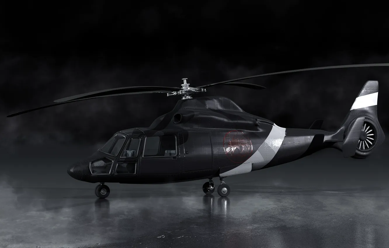 Photo wallpaper black, smoke, art, helicopter, blades, render