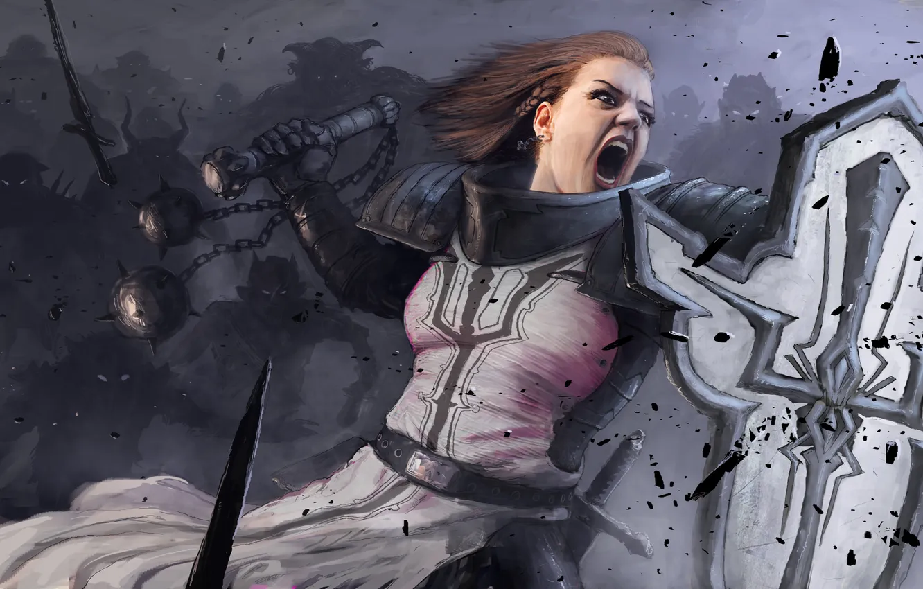 Photo wallpaper girl, shield, Diablo 3, Creek, demons, Crusader, Diablo 3: Reaper of Souls, cry