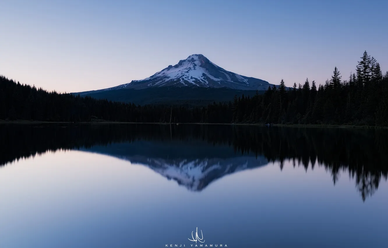 Photo wallpaper the sky, trees, lake, reflection, mountain, USA, Oregon, photographer