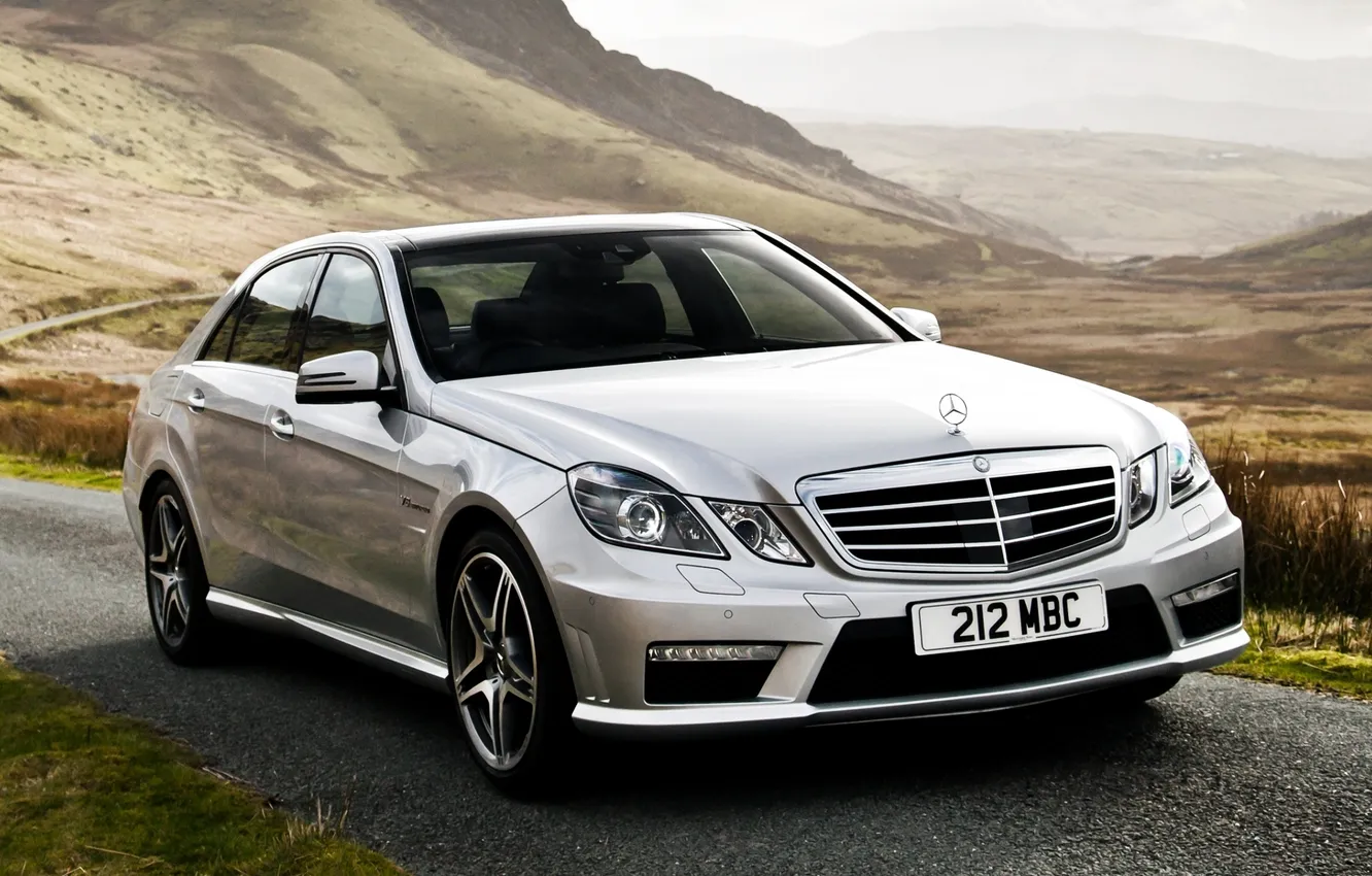Photo wallpaper road, mountains, silver, sedan, mercedes-benz, Mercedes, the front, amg