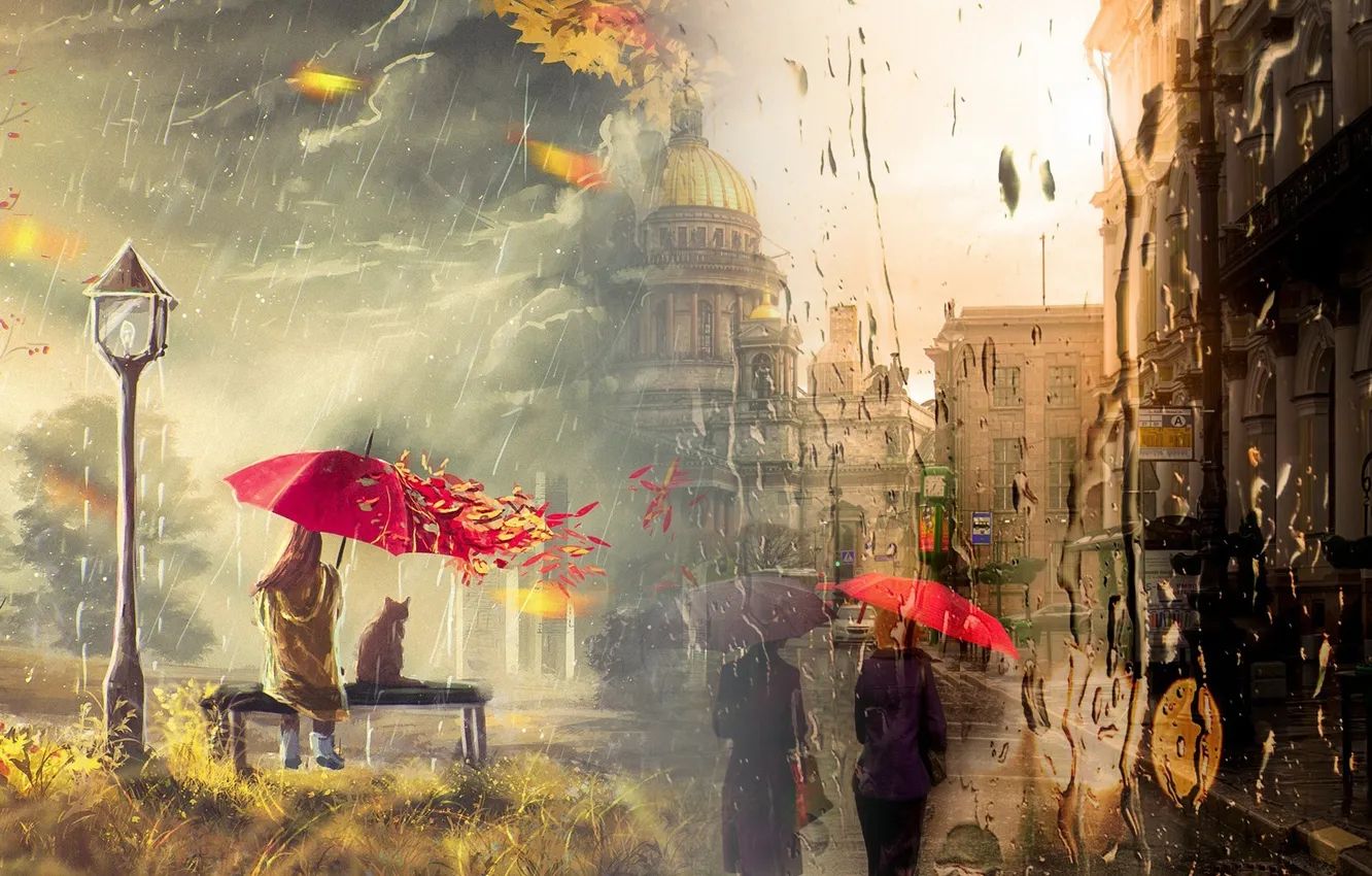 Photo wallpaper autumn, girl, drops, nature, umbrella, lights, Saint Petersburg