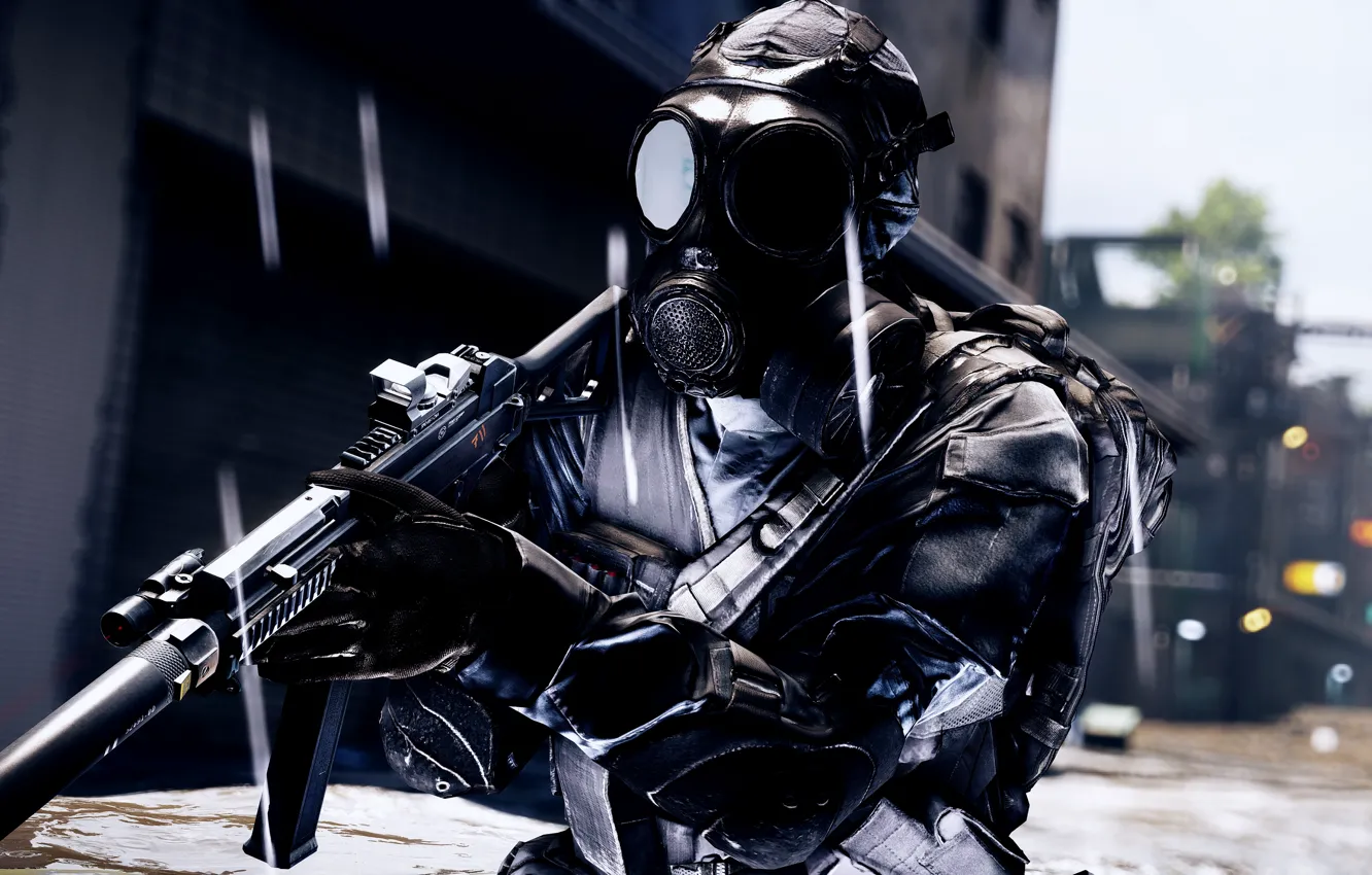 Photo wallpaper weapons, background, soldiers, gas mask, Battlefield 4