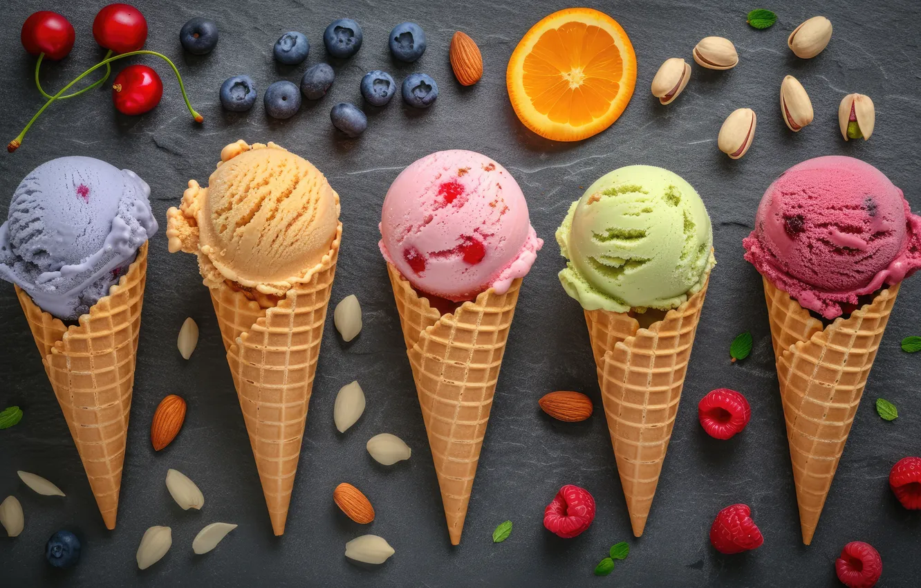 Photo wallpaper berries, colorful, ice cream, fruit, horn, fruits, berries, ice cream