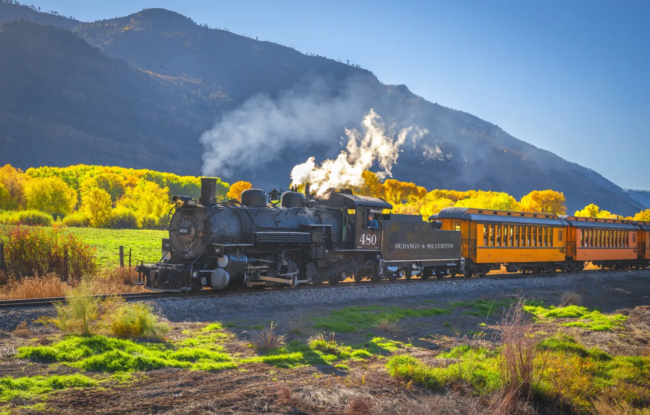 Photo wallpaper autumn, mountains, train, railroad