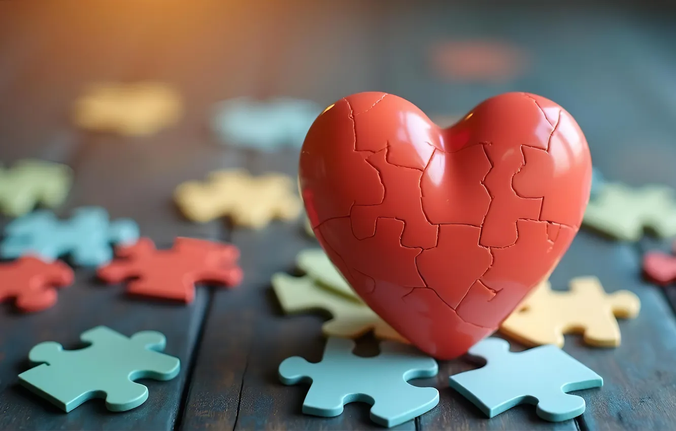Photo wallpaper love, red, table, heart, Board, puzzle, AI art, neural network