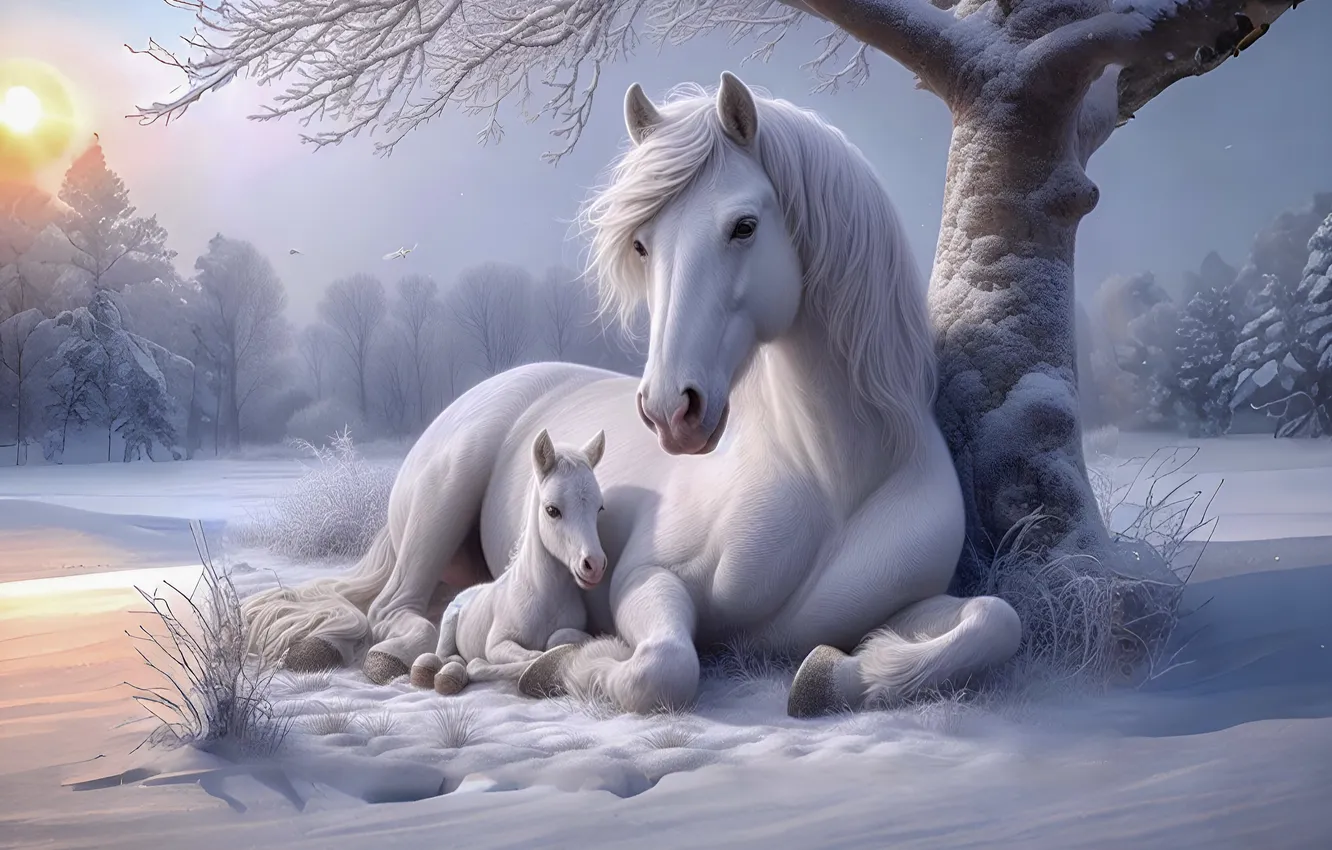 Photo wallpaper winter, field, forest, snow, trees, horse, horse, lies