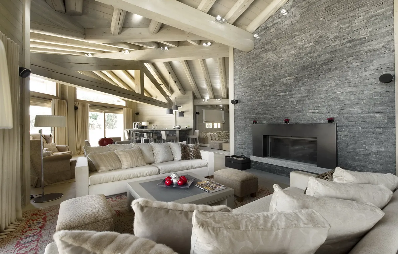 Photo wallpaper design, photo, sofa, interior, pillow, the ceiling, wooden, fireplace