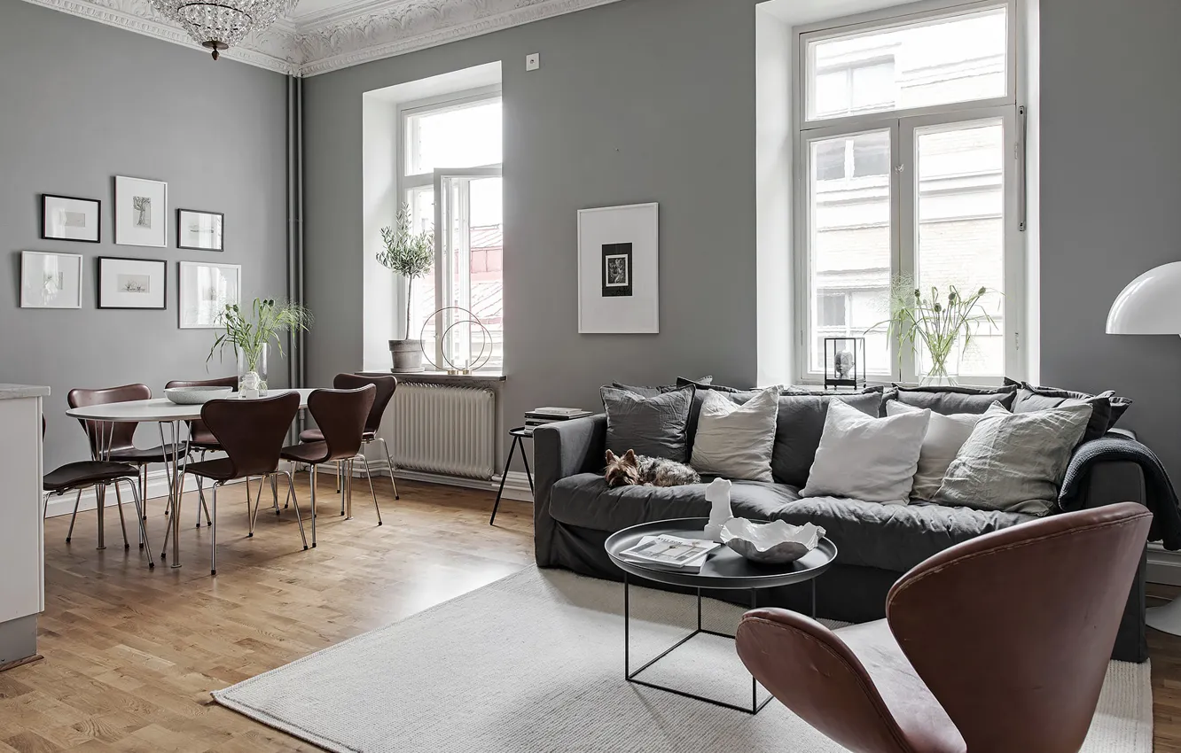 Photo wallpaper interior, living room, dining room, Scandinavian style, home in grey