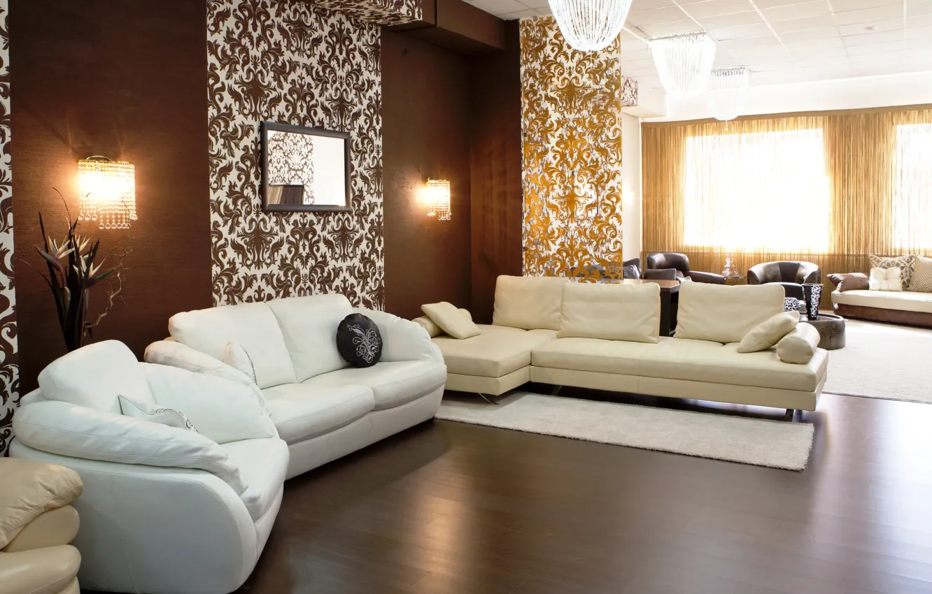 Photo wallpaper white, design, style, lamp, sofa, tree, interior, chair