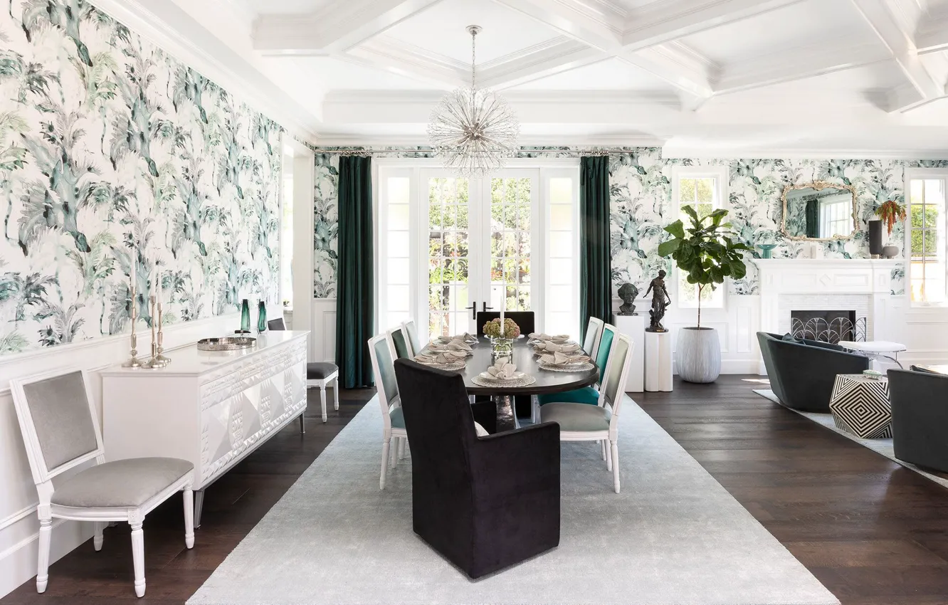 Photo wallpaper interior, glamour style, dining room, living room, fireplace, design