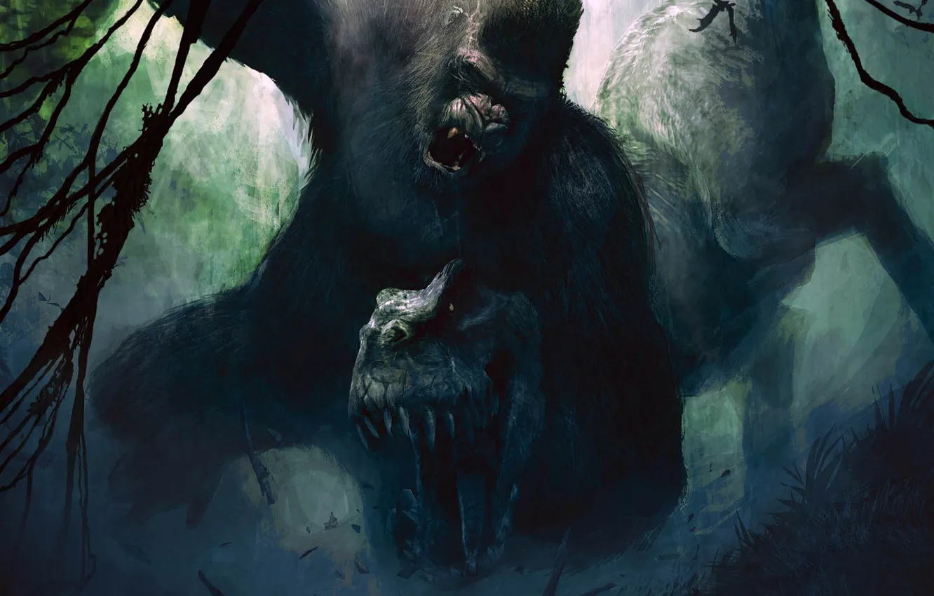 Photo wallpaper dinosaur, fight, King Kong
