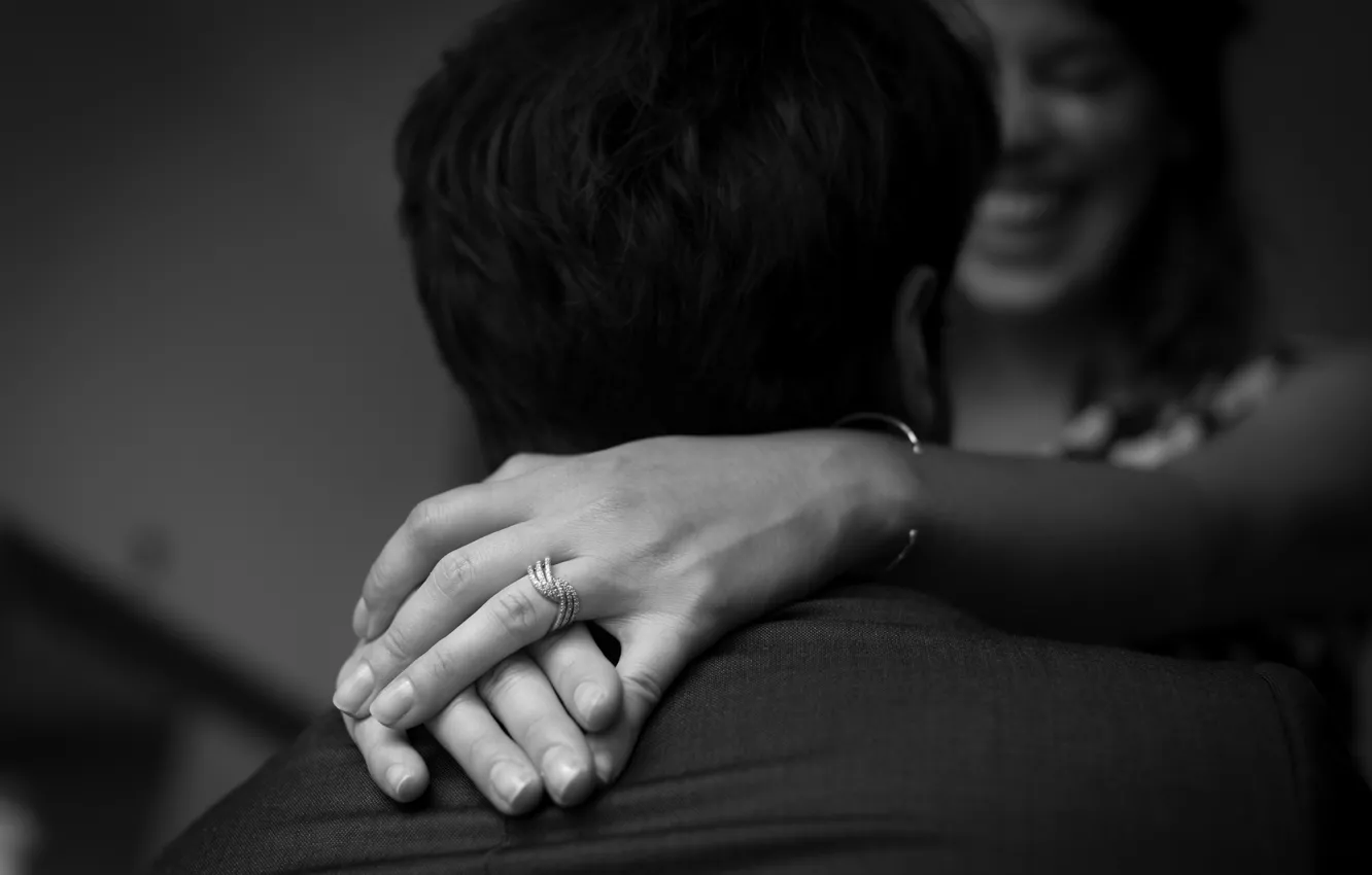 Photo wallpaper smile, ring, hands, black and white, lovers, engagement