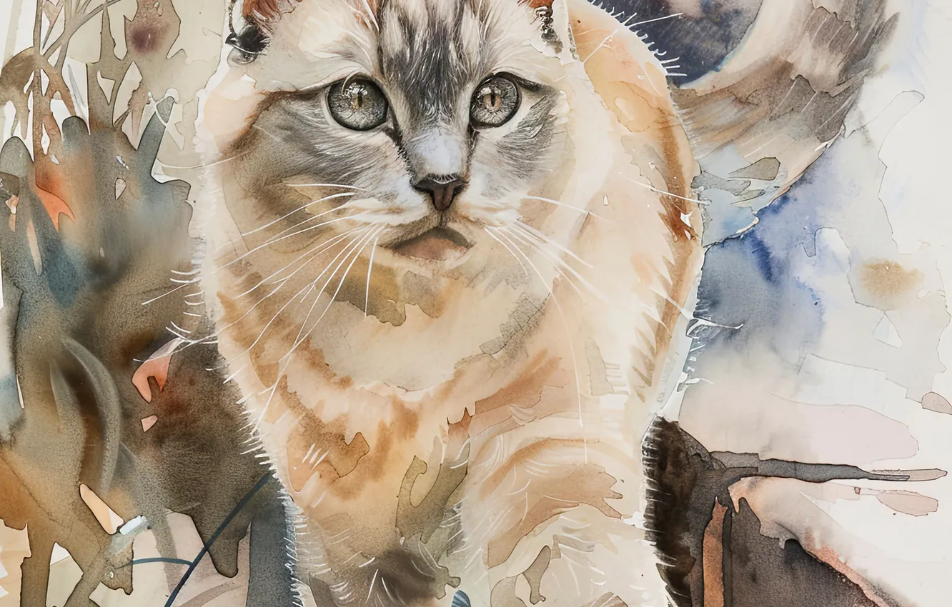 Photo wallpaper cat, cat, face, art, digital art, imitation painting, AI art, The Art of Artificial Intelligence