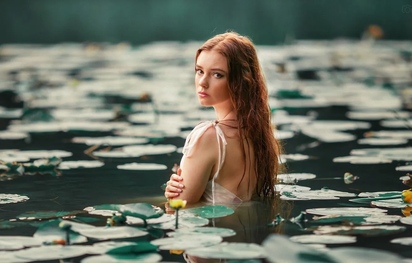 Photo wallpaper Lily, Bathers, Red-haired beauty, bokeh, girl posing, in the water