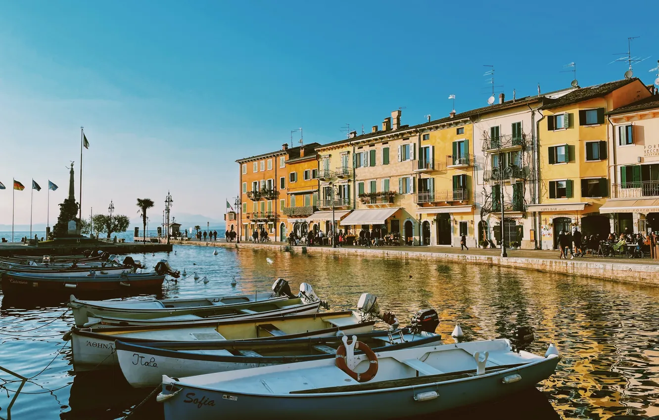 Photo wallpaper street, boat, people, building, Italy, water channel, Lazise