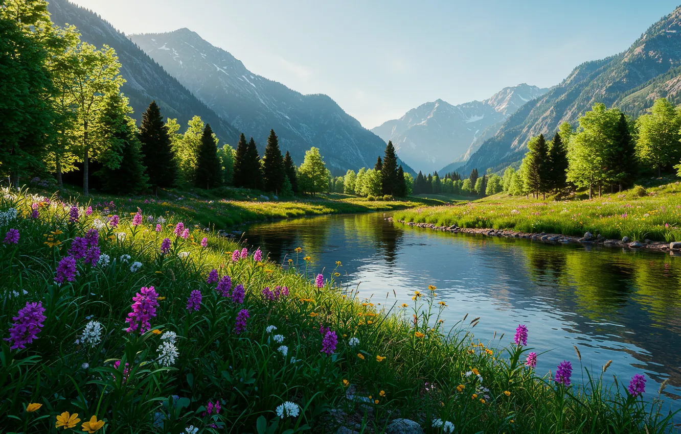 Photo wallpaper summer, mountains, river, valley