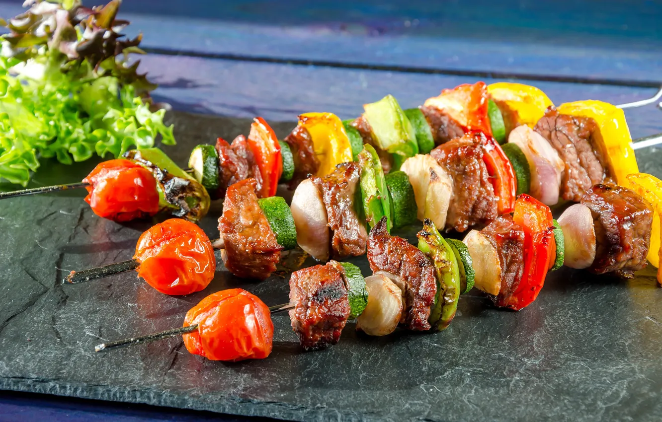 Photo wallpaper meat, vegetables, tomatoes, kebab, salad