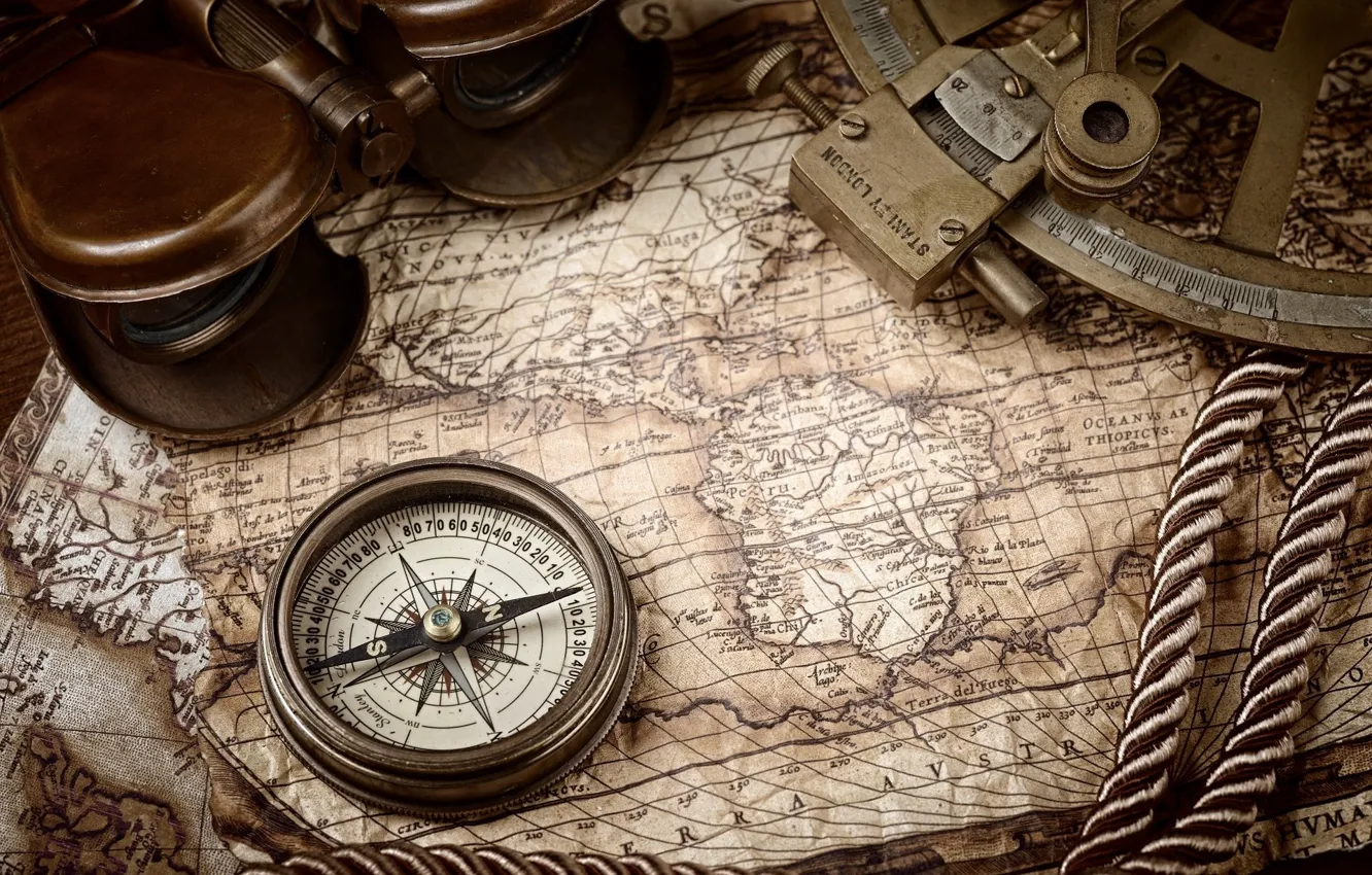 Photo wallpaper rope, compass, old maps, nautical navigation tools, Kompass, marine navigation, old treasure maps