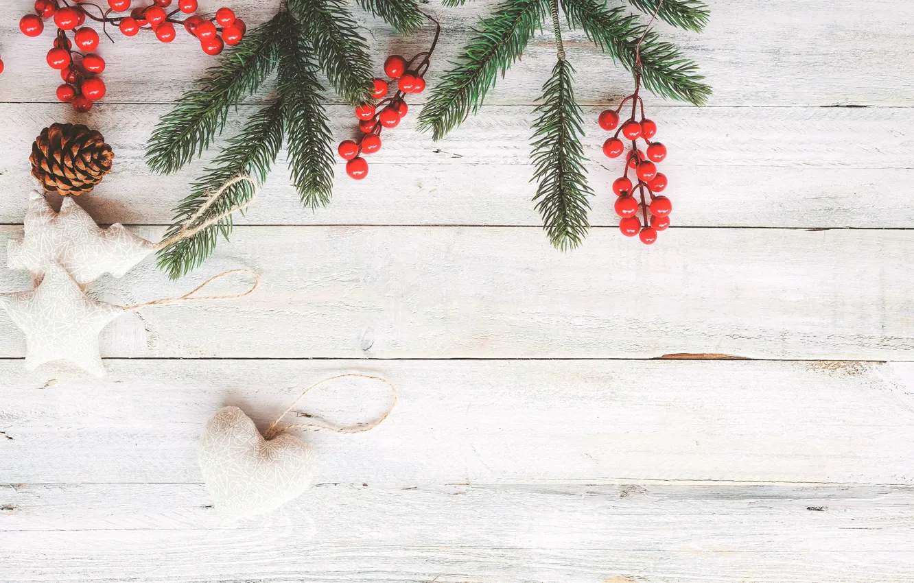 Photo wallpaper decoration, berries, toy, new year, bumps, fir-tree branches