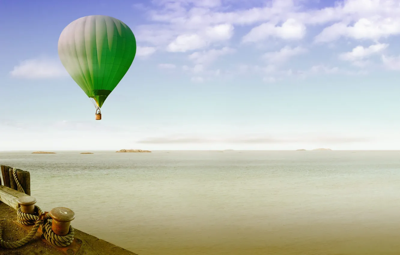 Photo wallpaper landscape, nature, the ocean, balls, pier, air balloon