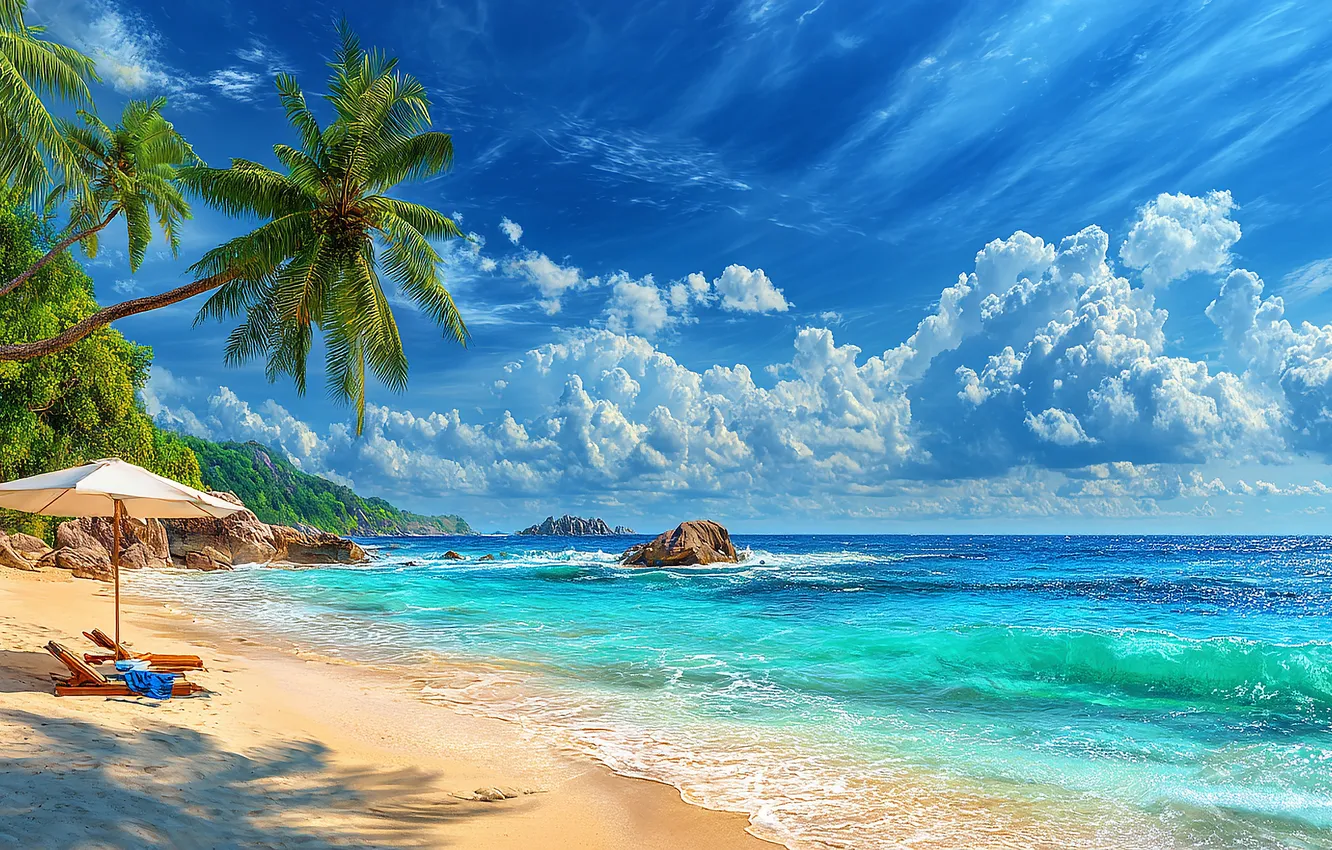 Photo wallpaper sand, sea, wave, beach, the sky, clouds, light, tropics