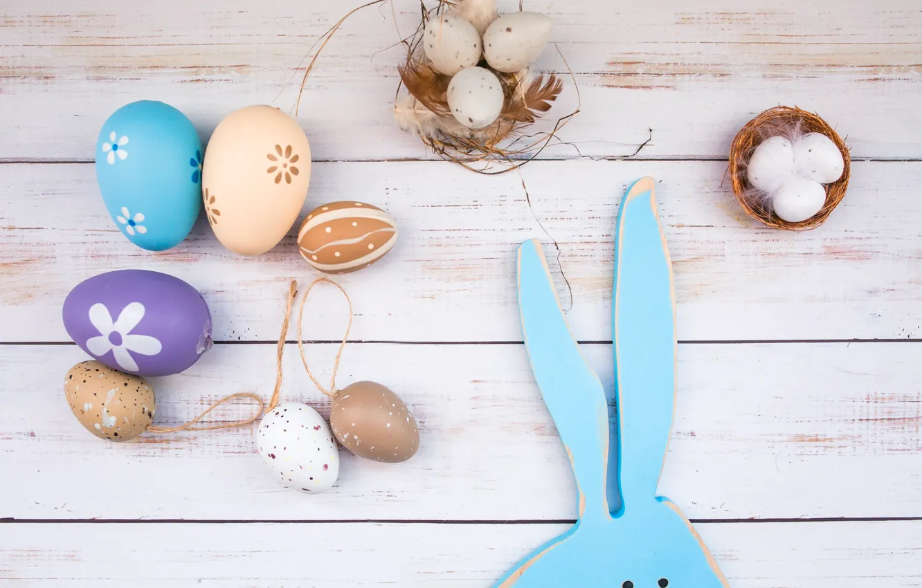 Photo wallpaper eggs, feathers, Easter, socket, Holiday, wooden background, Bunny