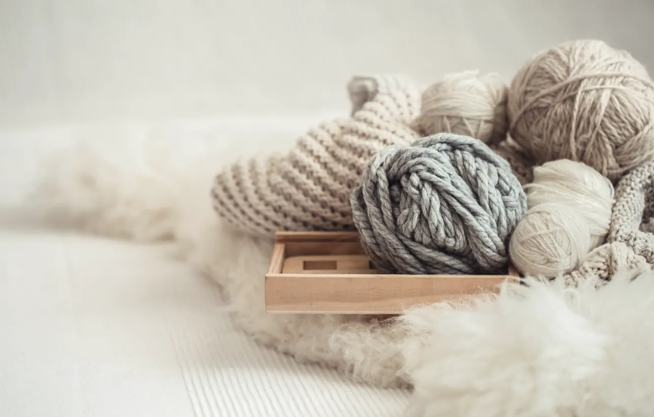 Photo wallpaper tangle, wool, scarf, fur, box, thread, light background, bokeh