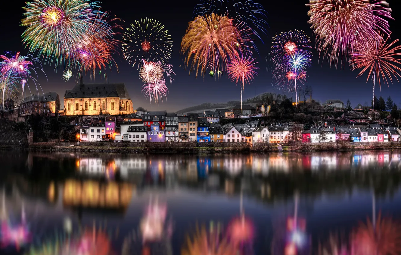 Photo wallpaper holiday, Germany, New year, fireworks, Saarburg