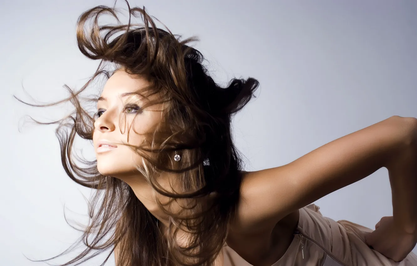 Photo wallpaper look, pose, the wind, brown hair, long hair