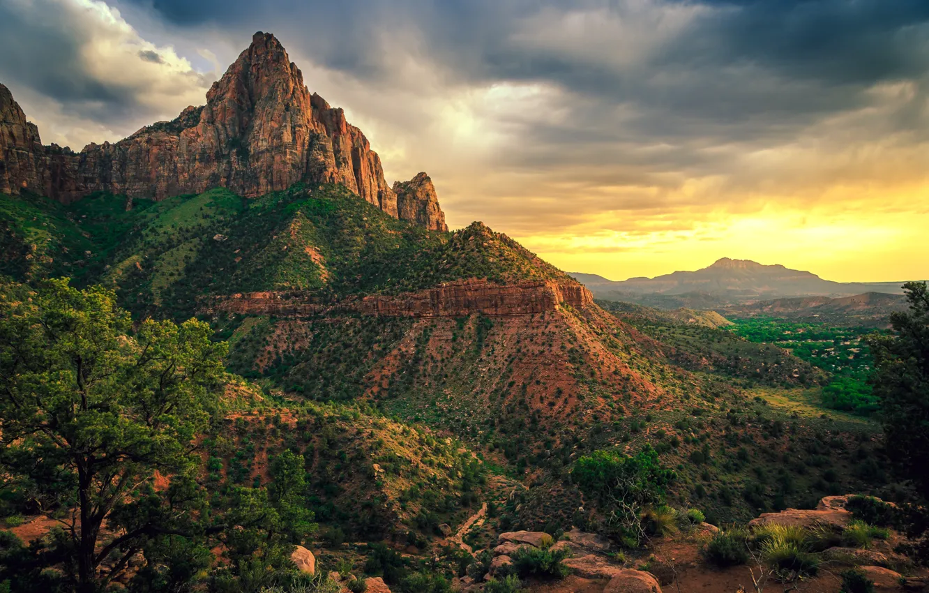 Photo wallpaper mountains, USA, national Park, gloomy sky, Zion, Zion national park